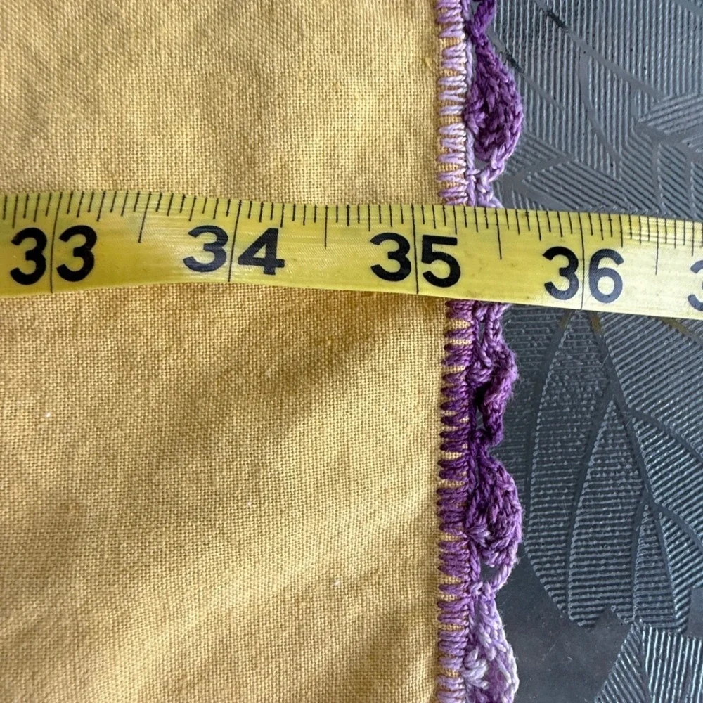 Vintage Yellow Cross Stitch Fruit Tablecloth Purple Crochet Trim 35x35